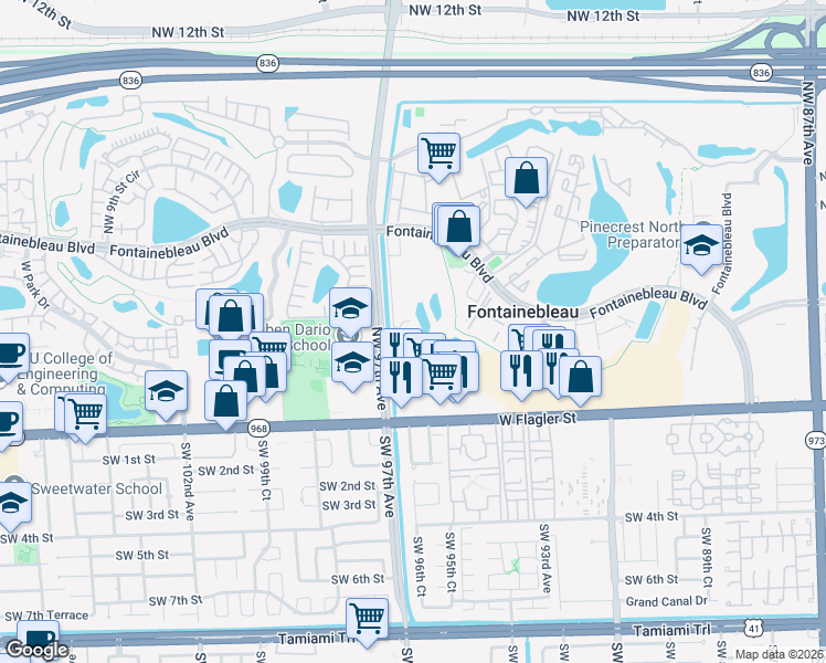 map of restaurants, bars, coffee shops, grocery stores, and more near 161 Northwest 97th Avenue in Miami