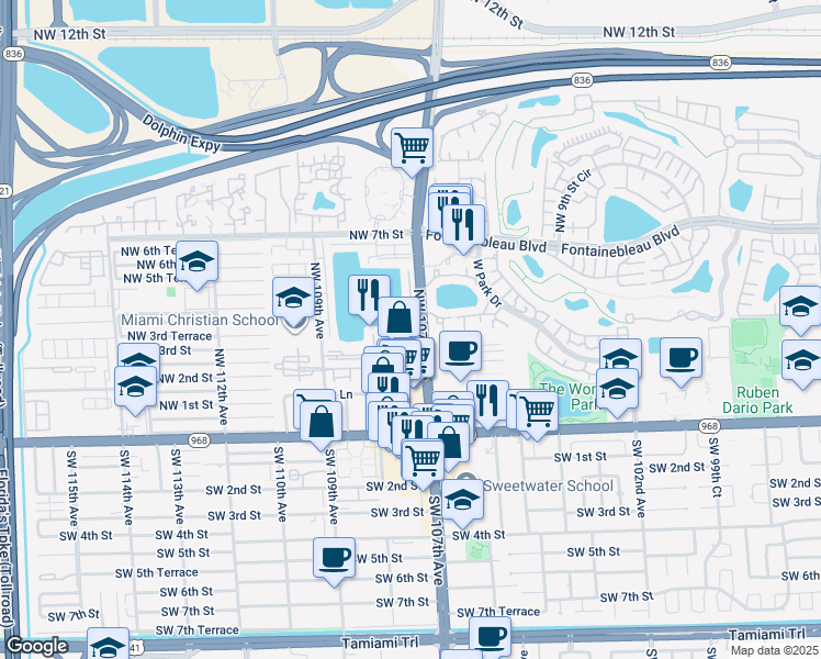 map of restaurants, bars, coffee shops, grocery stores, and more near 260 Northwest 107th Avenue in Miami