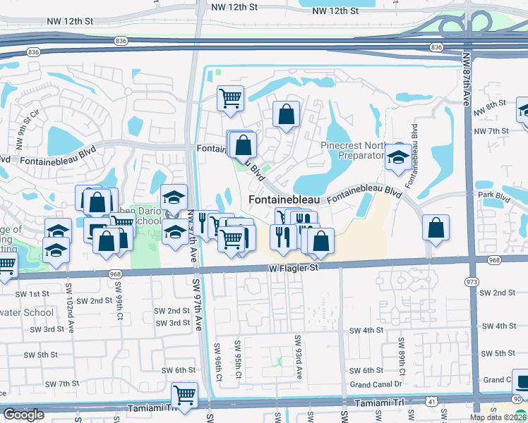 map of restaurants, bars, coffee shops, grocery stores, and more near 9350 Fontainebleau Boulevard in Miami