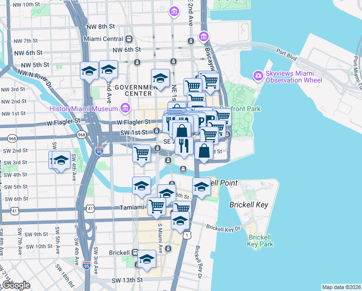 map of restaurants, bars, coffee shops, grocery stores, and more near 100 Southeast 2nd Street in Miami
