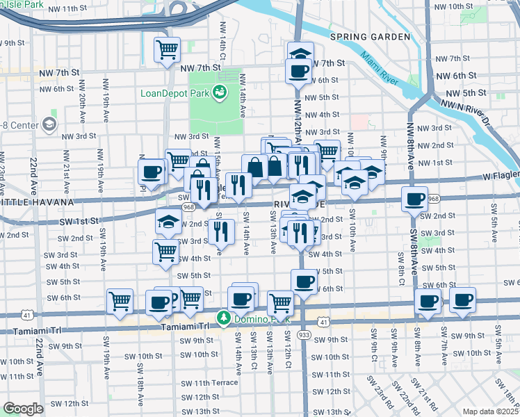 map of restaurants, bars, coffee shops, grocery stores, and more near 1331 Southwest 2nd Street in Miami