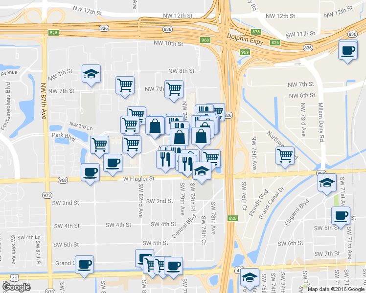 map of restaurants, bars, coffee shops, grocery stores, and more near 7917 Northwest 2nd Street in Miami