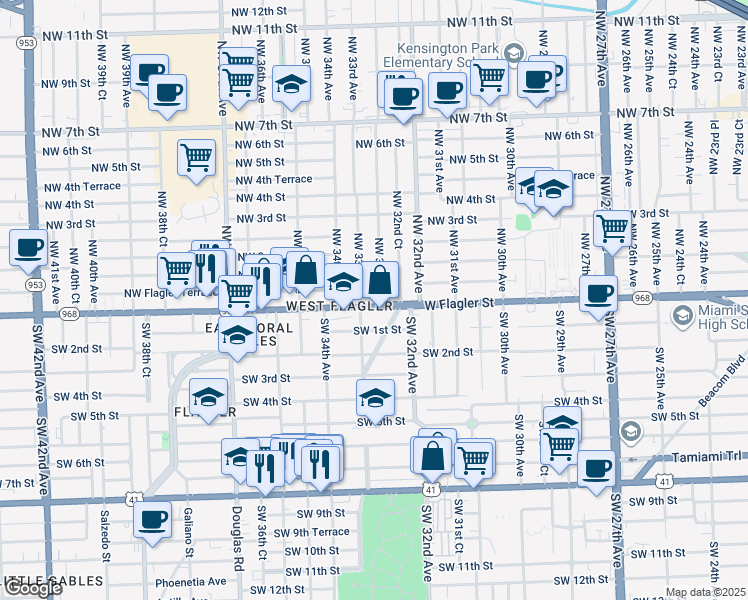 map of restaurants, bars, coffee shops, grocery stores, and more near in Miami