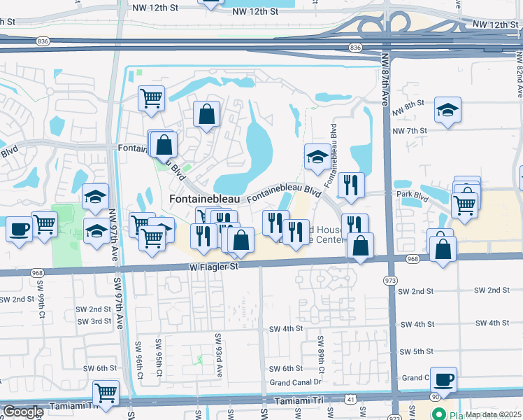 map of restaurants, bars, coffee shops, grocery stores, and more near 9120 Fontainebleau Boulevard in Doral