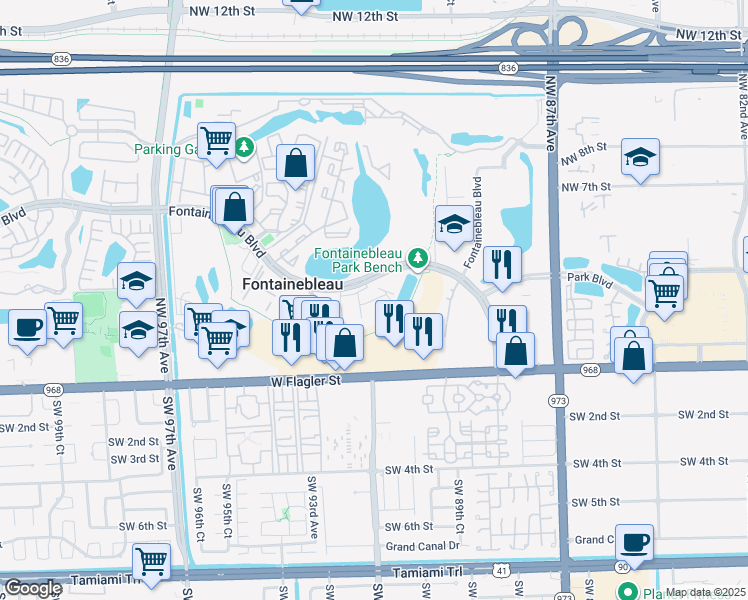 map of restaurants, bars, coffee shops, grocery stores, and more near 9270 Fontainebleau Boulevard in Miami