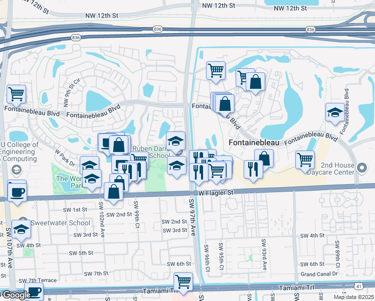 map of restaurants, bars, coffee shops, grocery stores, and more near 350 Northwest 97th Avenue in Miami
