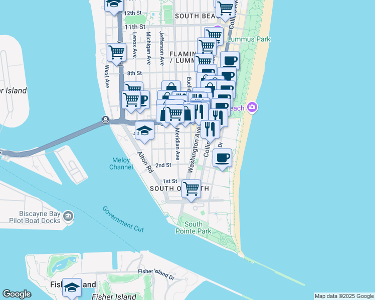 map of restaurants, bars, coffee shops, grocery stores, and more near in Miami Beach