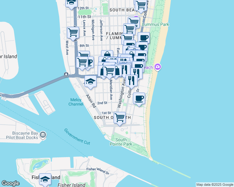 map of restaurants, bars, coffee shops, grocery stores, and more near in Miami Beach