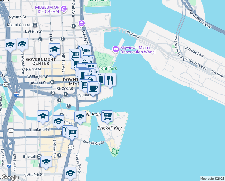 map of restaurants, bars, coffee shops, grocery stores, and more near Miami Riverwalk in Miami