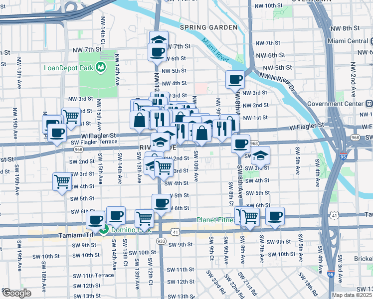 map of restaurants, bars, coffee shops, grocery stores, and more near 30 Southwest 11th Avenue in Miami