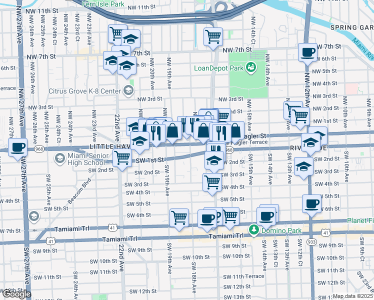 map of restaurants, bars, coffee shops, grocery stores, and more near 11 Northwest 17th Place in Miami