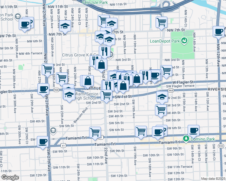 map of restaurants, bars, coffee shops, grocery stores, and more near 2033 West Flagler Street in Miami