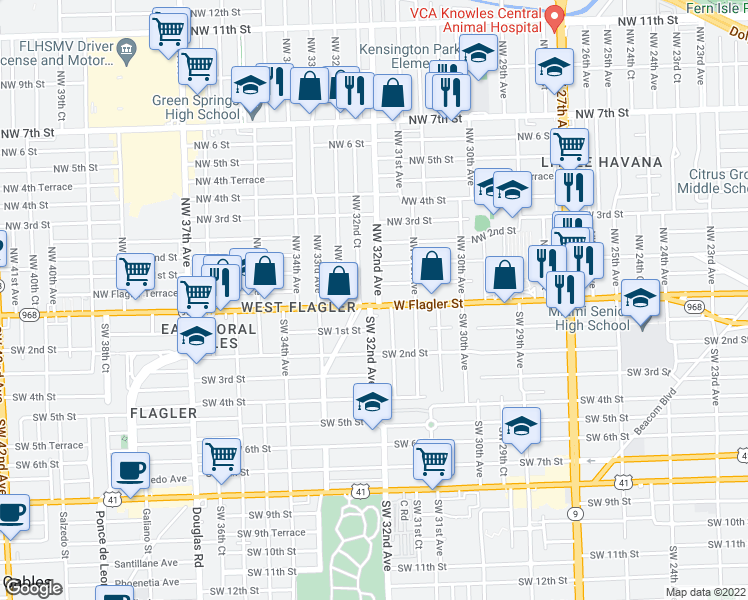 map of restaurants, bars, coffee shops, grocery stores, and more near 3159 Northwest Flagler Terrace in Miami