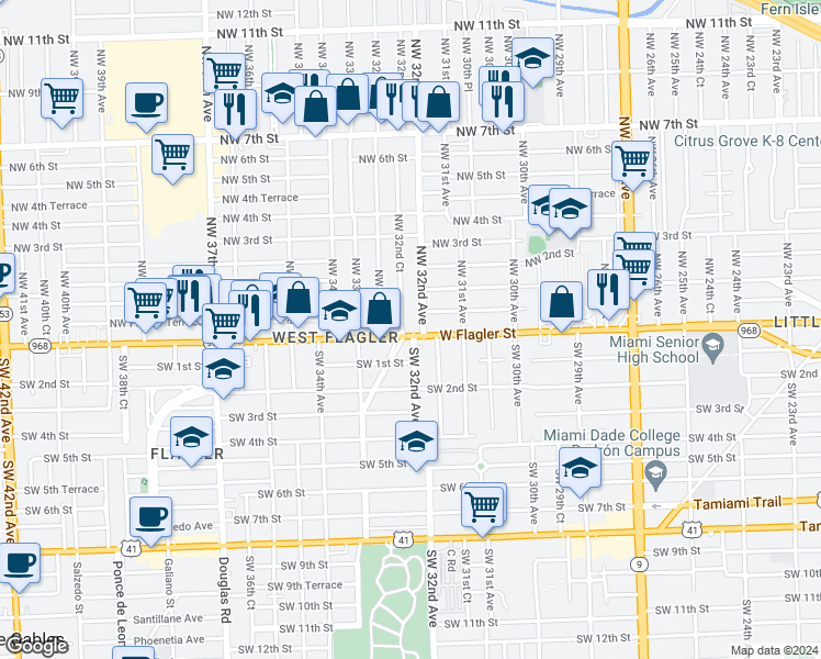 map of restaurants, bars, coffee shops, grocery stores, and more near 50 Northwest 32nd Avenue in Miami