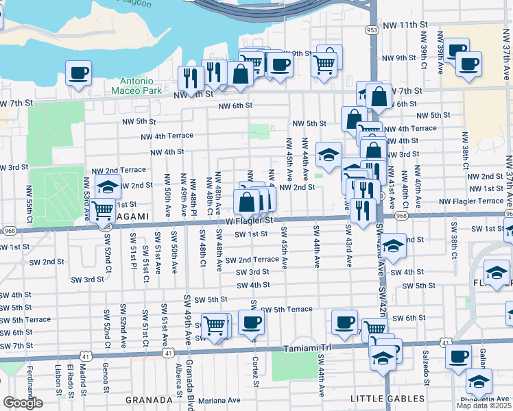 map of restaurants, bars, coffee shops, grocery stores, and more near 101 Northwest 47th Avenue in Miami
