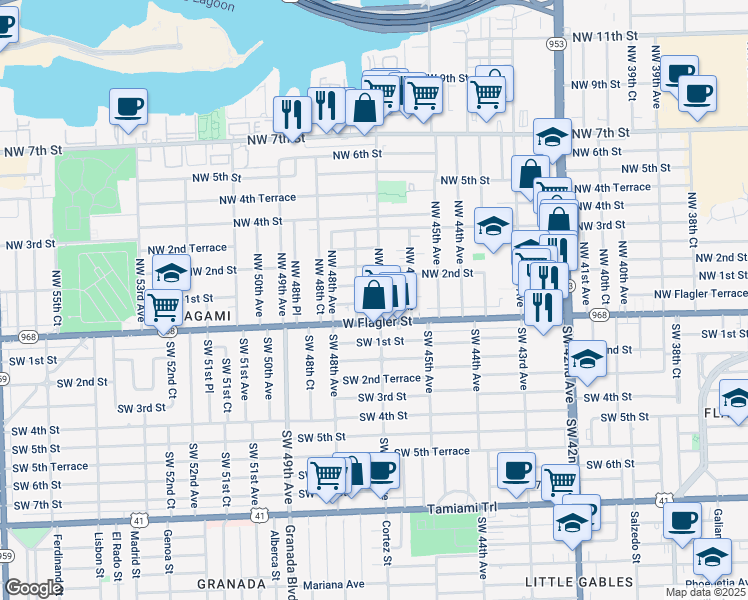 map of restaurants, bars, coffee shops, grocery stores, and more near 4717 Northwest 1st Street in Miami