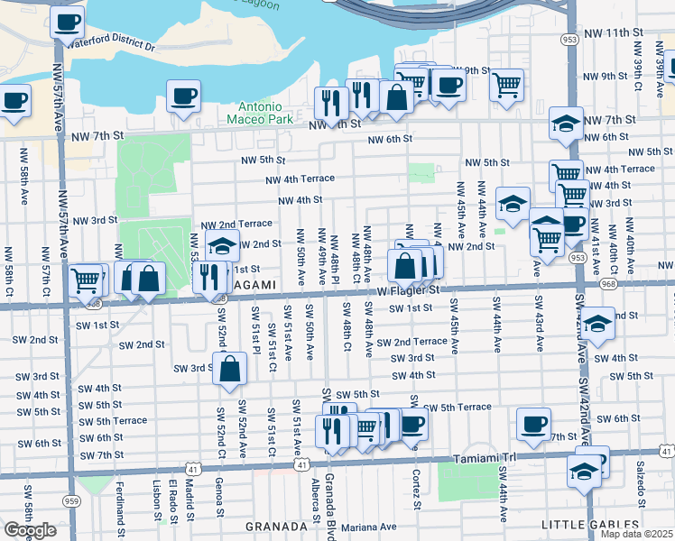 map of restaurants, bars, coffee shops, grocery stores, and more near 124 Northwest 48th Place in Miami