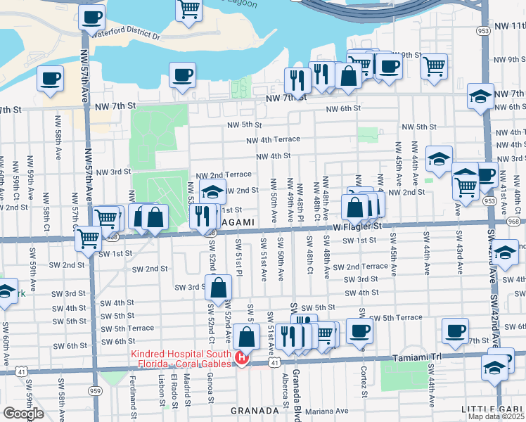 map of restaurants, bars, coffee shops, grocery stores, and more near 140 Northwest 50th Avenue in Miami