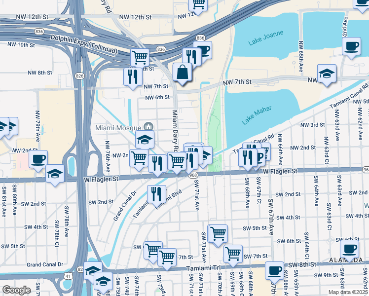 map of restaurants, bars, coffee shops, grocery stores, and more near 275 Northwest 72nd Avenue in Miami