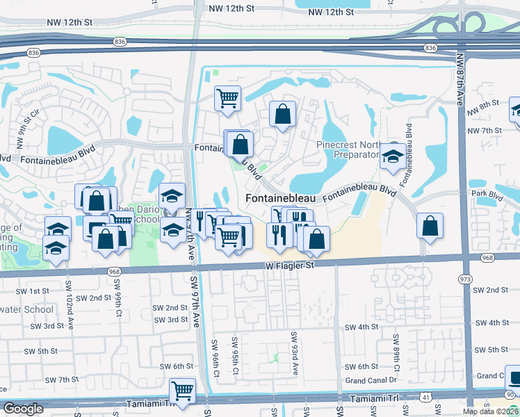 map of restaurants, bars, coffee shops, grocery stores, and more near 3340 Fontainebleau Boulevard in Miami