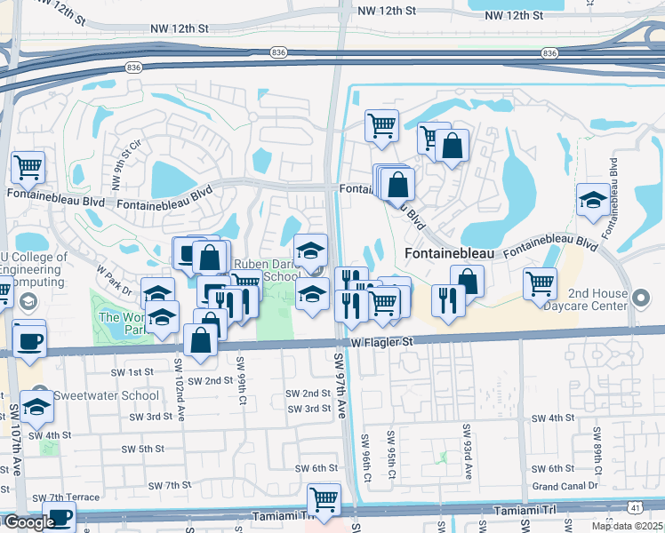 map of restaurants, bars, coffee shops, grocery stores, and more near 9716 Northwest 4th Lane in Miami
