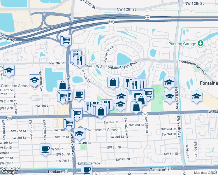 map of restaurants, bars, coffee shops, grocery stores, and more near 495 West Park Drive in Miami