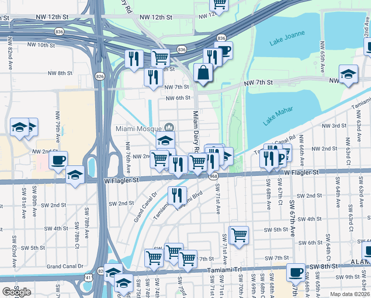 map of restaurants, bars, coffee shops, grocery stores, and more near 7231 Northwest 2nd Terrace in Miami