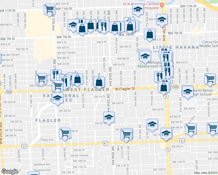 map of restaurants, bars, coffee shops, grocery stores, and more near 3159 Northwest Flagler Terrace in Miami