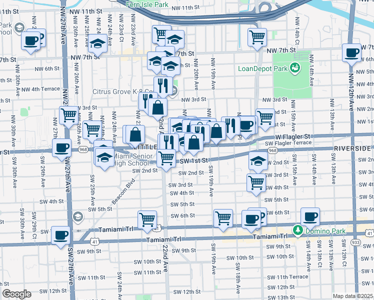 map of restaurants, bars, coffee shops, grocery stores, and more near 2033 West Flagler Street in Miami