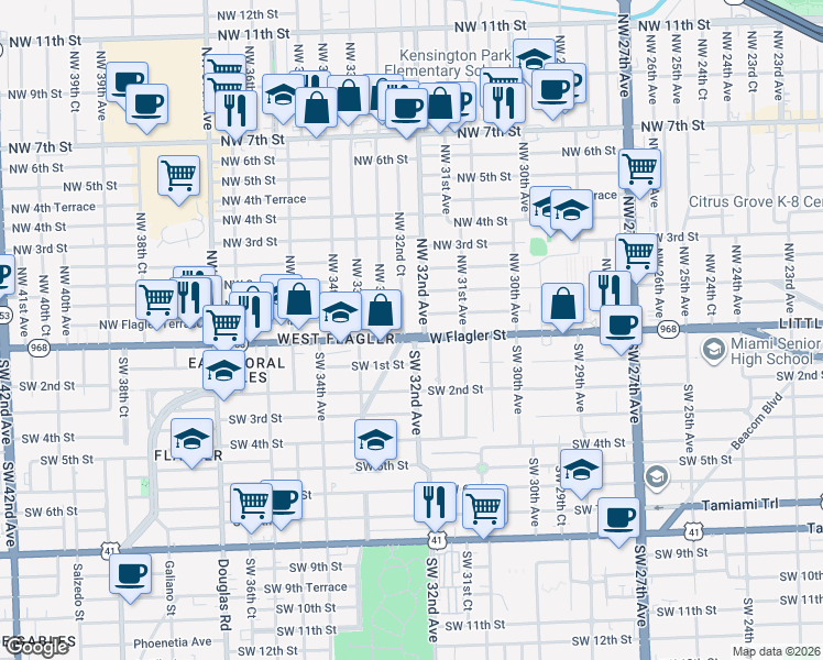 map of restaurants, bars, coffee shops, grocery stores, and more near 50 Northwest 32nd Avenue in Miami