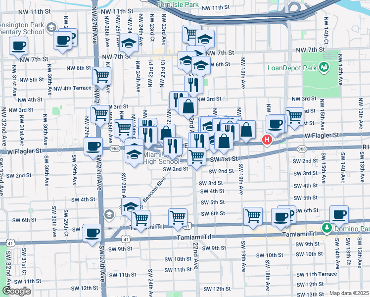 map of restaurants, bars, coffee shops, grocery stores, and more near 2200 West Flagler Street in Miami