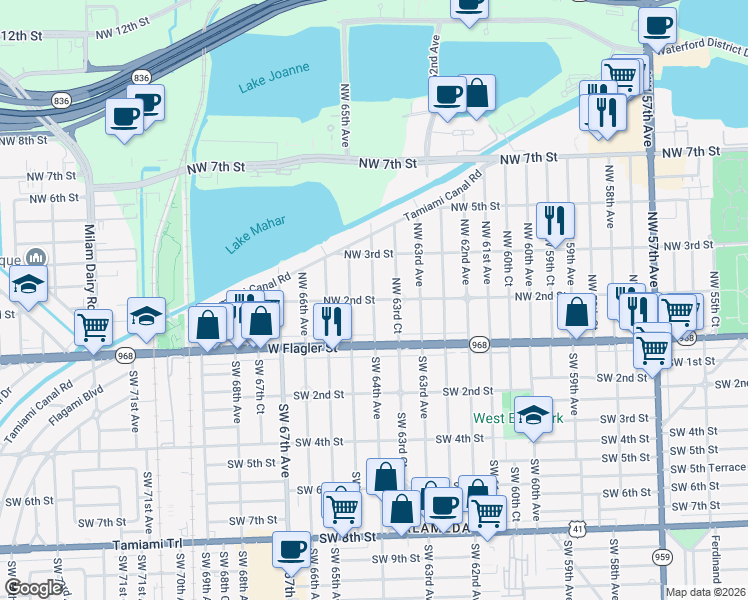 map of restaurants, bars, coffee shops, grocery stores, and more near Northwest 64th Avenue in Miami