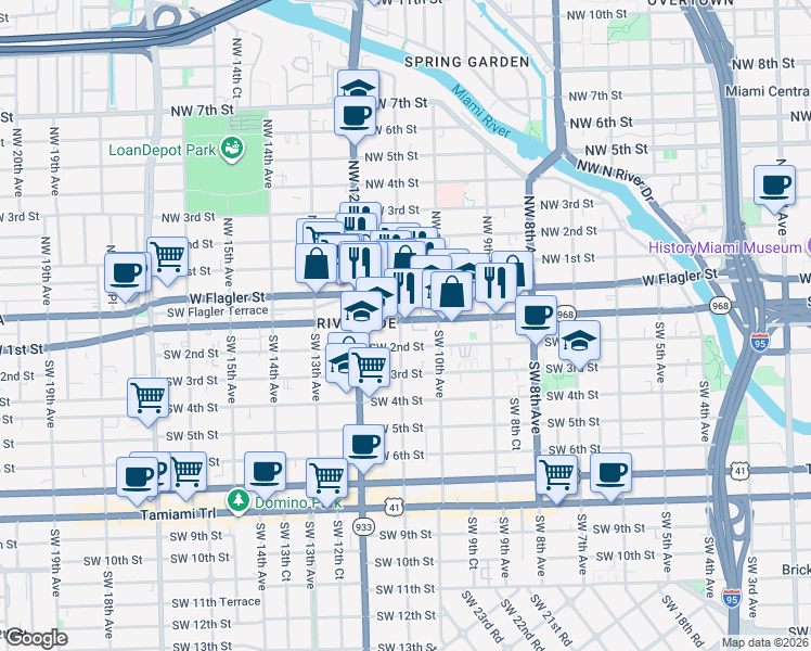 map of restaurants, bars, coffee shops, grocery stores, and more near 1051 Southwest 1st Street in Miami