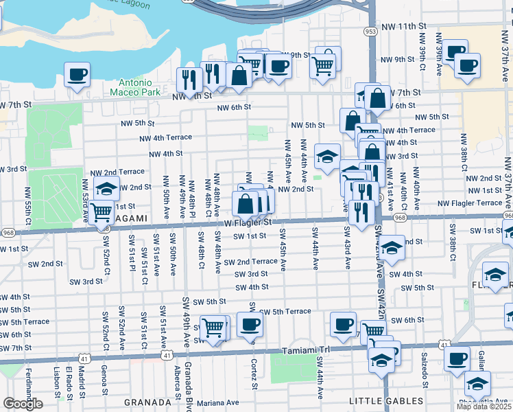 map of restaurants, bars, coffee shops, grocery stores, and more near 101 Northwest 47th Avenue in Miami