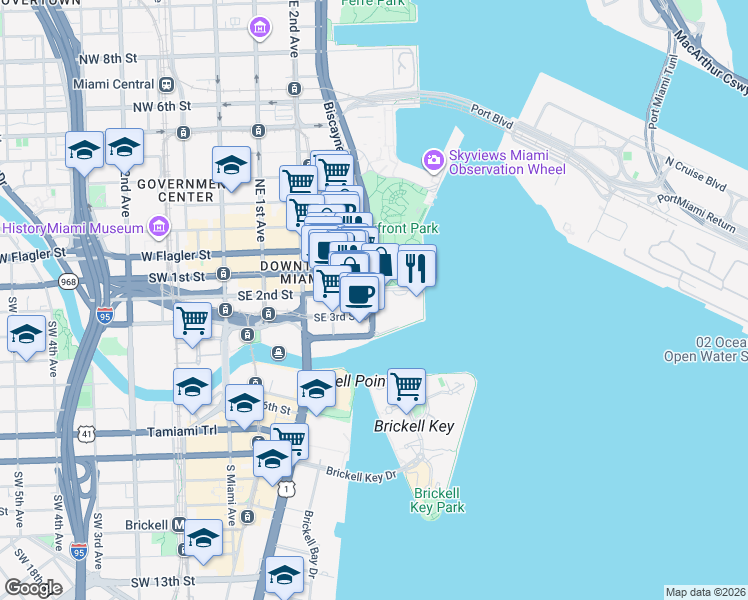 map of restaurants, bars, coffee shops, grocery stores, and more near 253 Biscayne Blvd in Miami