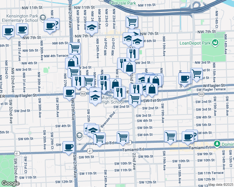 map of restaurants, bars, coffee shops, grocery stores, and more near 2306 Northwest Flagler Terrace in Miami