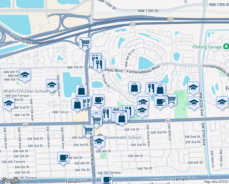 map of restaurants, bars, coffee shops, grocery stores, and more near 201 Northwest 3rd Street in Miami