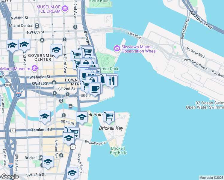 map of restaurants, bars, coffee shops, grocery stores, and more near 100 Chopin Plaza in Miami