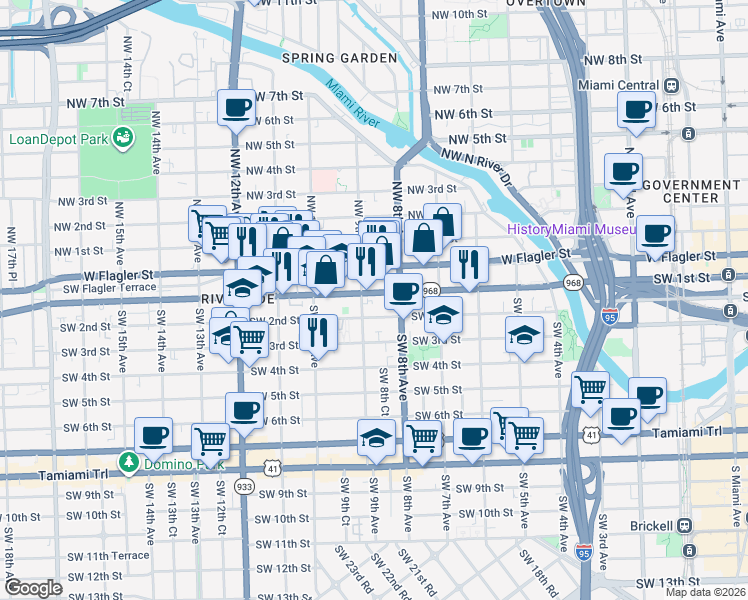 map of restaurants, bars, coffee shops, grocery stores, and more near 905 Southwest 1st Street in Miami