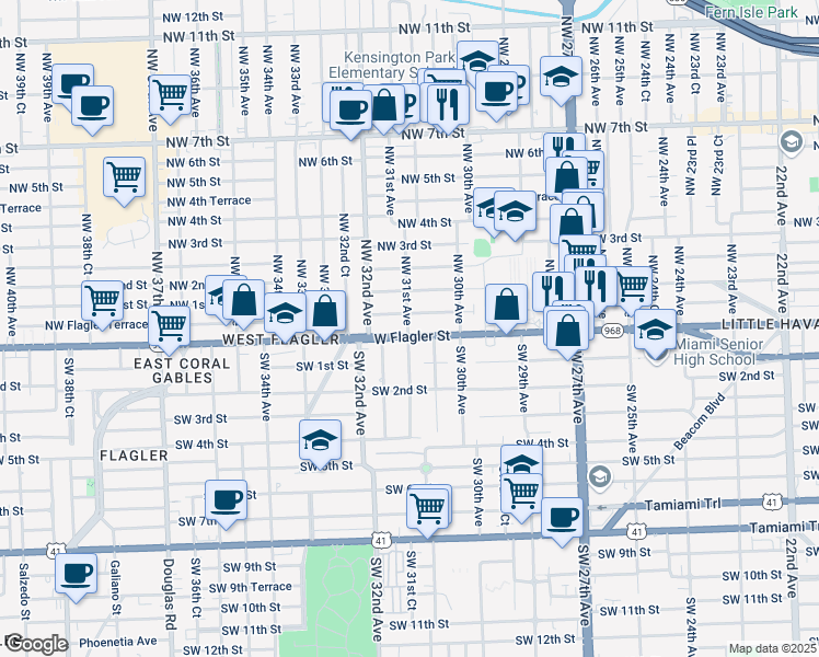 map of restaurants, bars, coffee shops, grocery stores, and more near 3091 Northwest Flagler Terrace in Miami