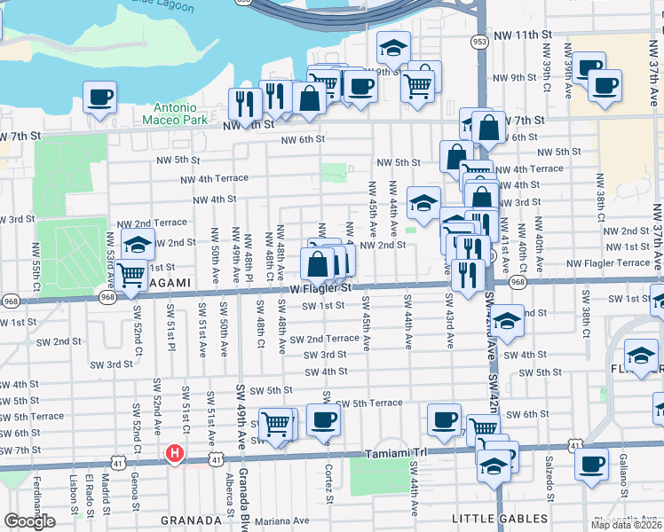 map of restaurants, bars, coffee shops, grocery stores, and more near 101 Northwest 47th Avenue in Miami