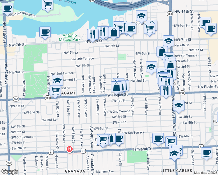 map of restaurants, bars, coffee shops, grocery stores, and more near 4717 Northwest 1st Street in Miami