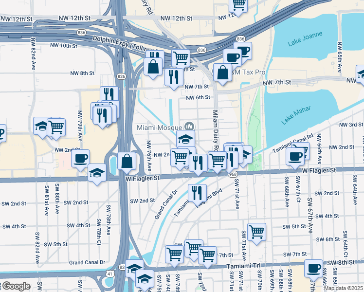 map of restaurants, bars, coffee shops, grocery stores, and more near 271 Northwest Boulevard in Miami