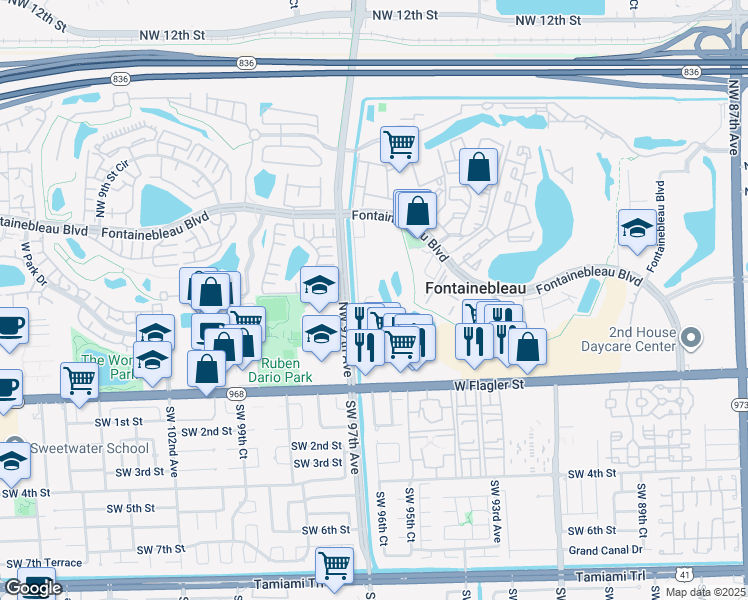 map of restaurants, bars, coffee shops, grocery stores, and more near 9686 Fontainebleau Boulevard in Miami