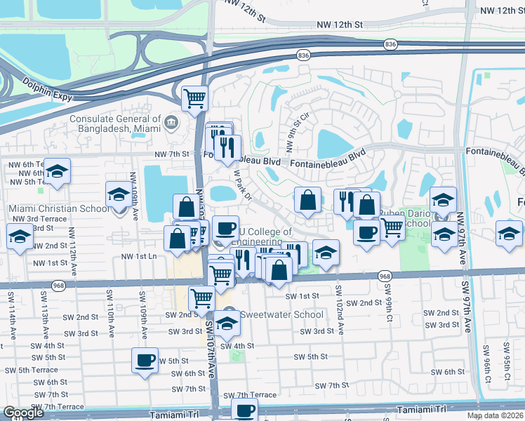 map of restaurants, bars, coffee shops, grocery stores, and more near 201 Northwest 3rd Street in Miami