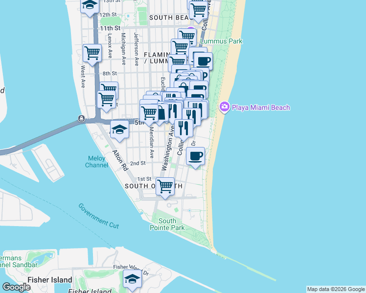 map of restaurants, bars, coffee shops, grocery stores, and more near in Miami Beach