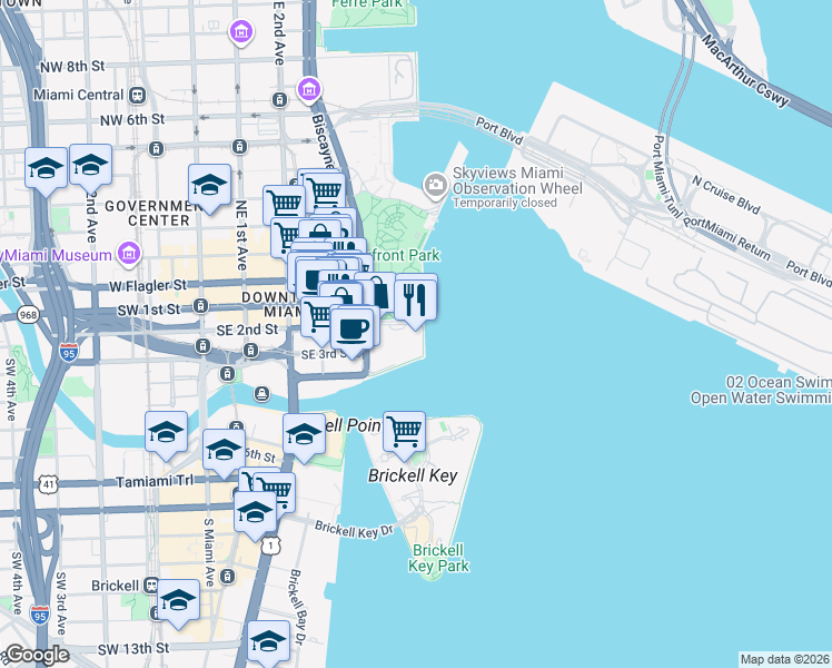 map of restaurants, bars, coffee shops, grocery stores, and more near 100 Chopin Plaza in Miami