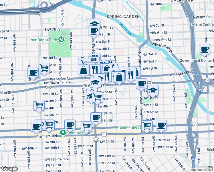map of restaurants, bars, coffee shops, grocery stores, and more near 30 Southwest 11th Avenue in Miami