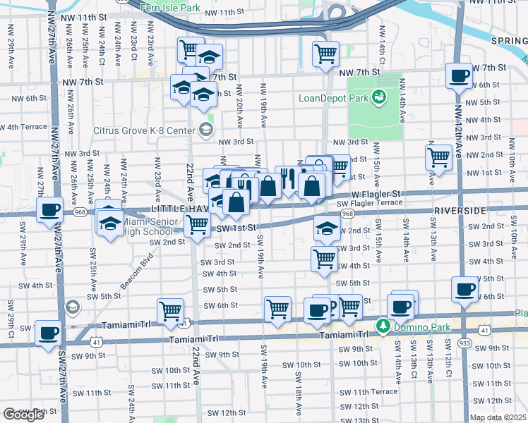 map of restaurants, bars, coffee shops, grocery stores, and more near 1855 West Flagler Street in Miami