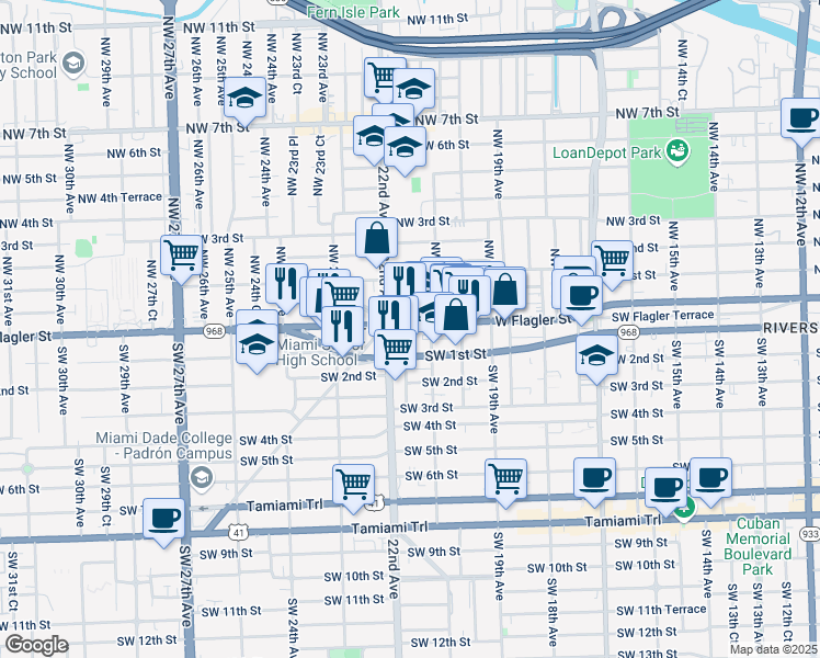 map of restaurants, bars, coffee shops, grocery stores, and more near 2140 West Flagler Street in Miami